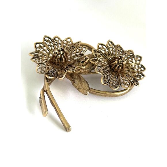 Gold Tone Filigree Floral Stem Brooch - Picture 2 of 7